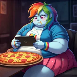 Size: 1024x1024 | Tagged: suggestive, ai content, derpibooru import, machine learning generated, prompter:tk-1976, rainbow dash, human, equestria girls, g4, bbw, belly, belly button, big belly, blushing, duo, duo female, fat, female, food, huge belly, image, jpeg, morbidly obese, obese, pizza, rainblob dash, sitting, solo, tablet