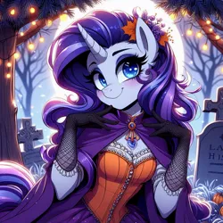 Size: 1024x1024 | Tagged: safe, ai content, derpibooru import, machine learning generated, rarity, anthro, g4, blushing, breasts, cape, clothes, corset, costume, dress, generator:dall-e 3, gloves, graveyard, halloween, halloween costume, holiday, image, jpeg, lights, looking at you, moon, night, smiling, solo, tree