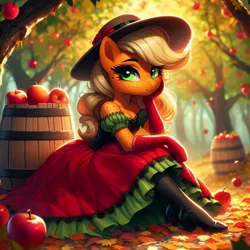 Size: 1024x1024 | Tagged: safe, ai content, derpibooru import, machine learning generated, prompter:glimmy-glam, applejack, anthro, apple, apple tree, autumn, barrel, boots, breasts, cider, cleavage, clothes, dress, elegant, food, freckles, generator:bing image creator, generator:dall-e 3, gloves, hat, high heel boots, high heels, image, jpeg, looking at you, off shoulder, shoes, skirt, solo, tree