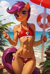 Size: 832x1216 | Tagged: suggestive, ai content, machine learning generated, ponerpics import, ponybooru import, prompter:rackedstacks818, scootaloo, anthro, pegasus, pony, abs, beach, bikini, bikini babe, breasts, clothes, delicious flat chest, erect nipples, female, flat is justice, image, jpeg, lifeguard, looking at you, mare, nipple outline, older, older scootaloo, prompt in source, red bikini, red swimsuit, ripped abs, scootaflat, small breasts, smiling, smiling at you, solo, solo female, swimsuit