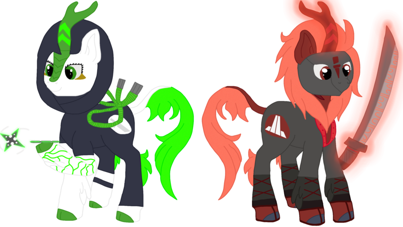 Size: 2560x1440 | Tagged: safe, artist:xada, derpibooru import, kirin, clothes, cloven hooves, duo, green eyes, green tail, hood, hoof hold, image, katana, kirinified, magic, makeup, mask, png, red coat, red eyes, red mane, red tail, roblox, rope, shoes, shuriken, simple background, species swap, sword, tail, tattoo, telekinesis, transparent background, weapon, white coat