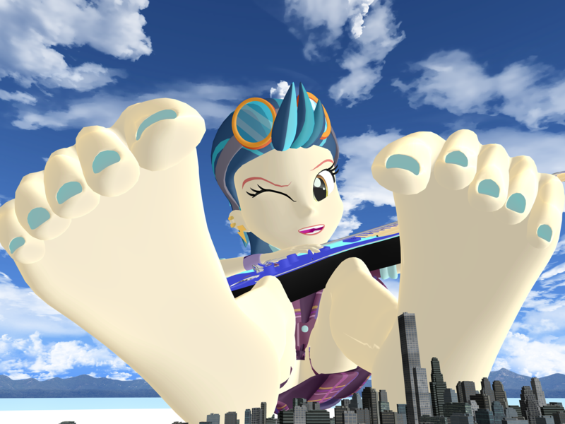 Size: 5000x3750 | Tagged: safe, artist:dragonalex555, derpibooru import, indigo zap, equestria girls, g4, 3d, barefoot, electric guitar, feet, fetish, foot fetish, giant human, guitar, guitar solo, image, looking at you, mega giant, mmd, musical instrument, my little pony equestria girls: friendship games, nail polish, one eye closed, playing guitar, playing instrument, png, scrunching toes, singing, toenail polish, toenails, toes, wink, winking at you