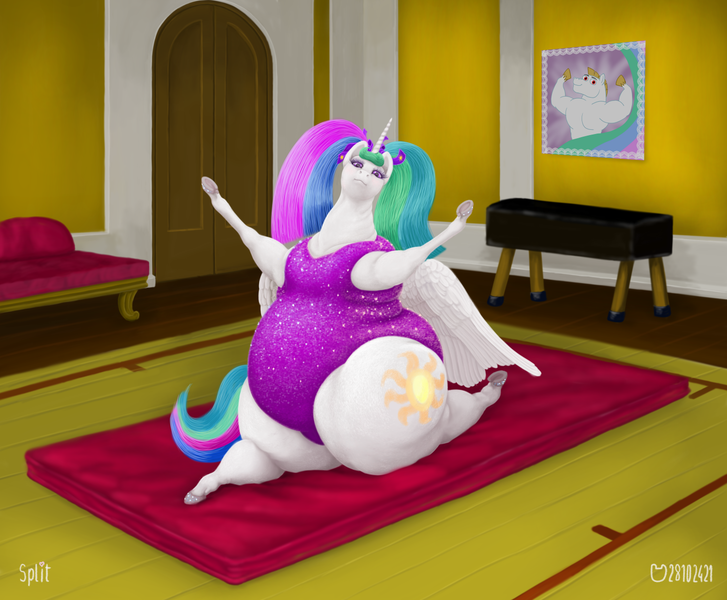 Size: 1400x1155 | Tagged: safe, artist:soobel, derpibooru import, bulk biceps, princess celestia, alicorn, pony, g4, chubbylestia, exercise, fat, flexible, gym, image, looking at you, obese, png, poster, splits