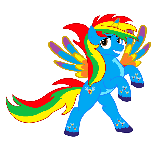 Size: 1537x1433 | Tagged: safe, artist:brightstar40k, derpibooru import, oc, oc:shield wing, unofficial characters only, alicorn, g4, alicorn oc, horn, image, male, png, rainbow power, simple background, white background, wings