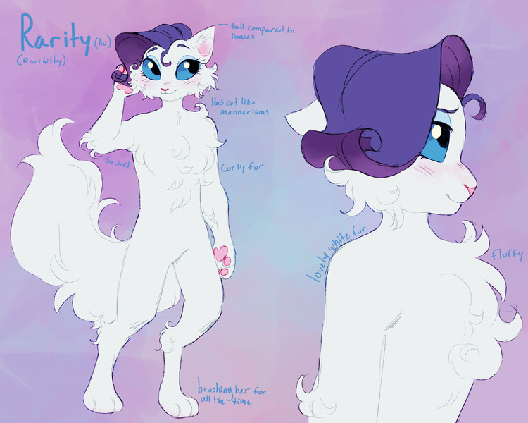 Size: 2000x1600 | Tagged: safe, artist:abbytabbys, derpibooru import, rarity, abyssinian, anthro, fanfic:broken destiny, g4, abyssinianized, alternate universe, blue eyes, blue eyeshadow, blue sclera, blue text, blush lines, blushing, broken destiny au, bushy tail, cheek fluff, chest fluff, colored eyebrows, colored paw pads, colored pinnae, colored sclera, elbow fluff, eyelashes, eyeshadow, female, floppy ears, gradient background, hock fluff, image, jpeg, looking away, makeup, paw pads, paws, profile, purple hair, raised arm, raricat, reference sheet, ringlets, smiling, solo, species swap, standing, tail, three quarter view, transformed, white fur