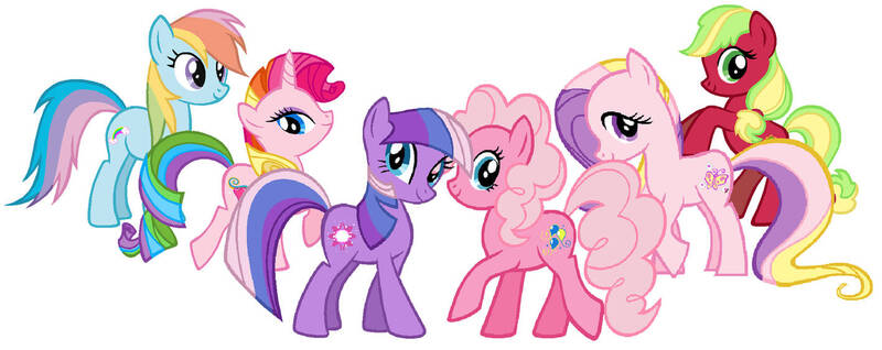 Size: 1418x563 | Tagged: safe, artist:durpy, artist:kittykaster, derpibooru import, applejack (g3), fluttershy (g3), pinkie pie (g3), rainbow dash (g3), rarity (g3), twilight twinkle, earth pony, pony, unicorn, g3, g4, base used, female, g3 to g4, generation leap, group, horn, image, jpeg, mane six (g3), mare, raised hoof, recolor, simple background, smiling, white background