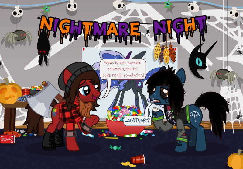 Size: 3336x2316 | Tagged: safe, artist:lightningbolt, derpibooru import, nightmare moon, oc, ponified, ponified:oliver sykes, bat, earth pony, pony, spider, undead, zombie, zombie pony, .svg available, axe, bags under eyes, beanie, bone, boots, bowl, bring me the horizon, button-up shirt, candy, candy bowl, clothes, coca-cola, colored pupils, confused, corn, costume, cup, decoration, derpibooru exclusive, drink, drop dead clothing, duo, duo male, facial hair, fake beard, fangs, food, halloween, hat, holiday, image, indoors, jack-o-lantern, jacket, josh franceschi, lidded eyes, lumberjack, male, messy mane, messy tail, mlp fim's fourteenth anniversary, nightmare night, open clothes, open jacket, open mouth, png, pumpkin, question mark, raised hoof, rolled up sleeves, scar, shirt, shoes, show accurate, soda can, speech bubble, spider web, stallion, standing, stitches, tail, talking, tattoo, torn clothes, underhoof, vector, weapon, you me at six