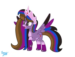 Size: 1324x1004 | Tagged: safe, artist:brightstar40k, derpibooru import, oc, oc:princess kincade, unofficial characters only, alicorn, pony, alicorn oc, horn, image, png, rainbow power, raised hoof, simple background, solo, spread wings, white background, wings