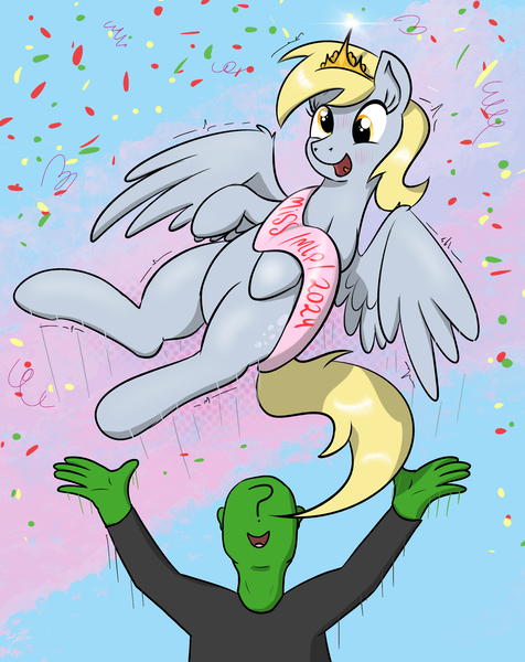 Size: 1523x1920 | Tagged: safe, derpibooru import, derpy hooves, oc, oc:anon, human, pegasus, pony, g4, /mlp/, 4chan, award, clothes, competition, confetti, crown, duo, duo male and female, female, happy, human and pony, human male, image, jewelry, looking at someone, male, mare, miss /mlp/, miss /mlp/ 2024, open mouth, open smile, png, question mark, regalia, shirt, smiling, solo, spread wings, trophy, wings