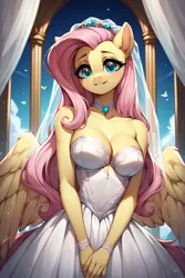 Size: 896x1344 | Tagged: safe, ai content, derpibooru import, machine learning generated, prompter:saberclaw1x, fluttershy, anthro, pegasus, arm band, breasts, bridal veil, bride, busty fluttershy, choker, cleavage, clothes, dress, hands together, image, jewelry, looking at you, png, smiling, solo, tiara, wedding dress, wedding veil