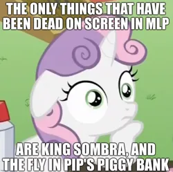 Size: 1012x1006 | Tagged: safe, derpibooru import, edit, edited screencap, screencap, king sombra, pipsqueak, sweetie belle, fly, insect, pony, unicorn, g4, ponyville confidential, caption, death, exploitable meme, female, filly, foal, horn, image, image macro, jpeg, meme, obligatory pony, sudden clarity sweetie belle, text