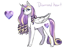 Size: 1969x1471 | Tagged: safe, artist:yozora122, derpibooru import, oc, oc:diamond heart, unofficial characters only, alicorn, pony, alicorn oc, concave belly, curved horn, female, horn, image, jewelry, jpeg, magical lesbian spawn, mare, next generation, offspring, parent:princess cadance, parent:rarity, parents:raridance, reference sheet, simple background, solo, sternocleidomastoid, white background, wings