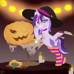 Size: 4000x4000 | Tagged: safe, artist:ghostpikachu, derpibooru import, oc, oc:dreaming bell, unofficial characters only, pony, unicorn, g4, base used, candle, choker, clothes, collar, derpibooru exclusive, female, halloween, hat, holiday, horn, image, knife, mare, nightmare night, png, pumpkin, socks, stockings, striped socks, thigh highs, two toned coat, witch hat