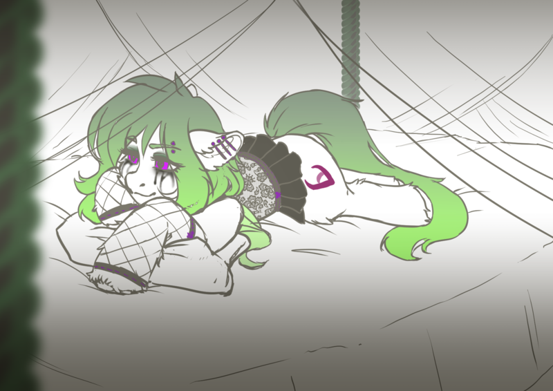 Size: 1684x1191 | Tagged: safe, artist:sehad, derpibooru import, oc, oc:dife, unofficial characters only, earth pony, pony, bed, canopy bed, clothes, commission, ear piercing, fishnet clothing, fishnets, goth, green hair, image, makeup, piercing, png, ribbon, running makeup, sketch, socks, solo, stockings, thigh highs