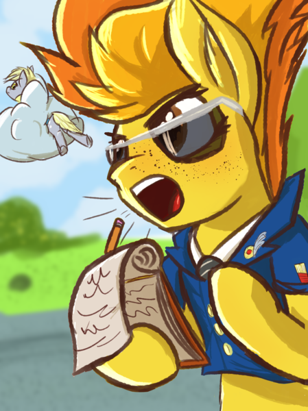 Size: 4465x5963 | Tagged: safe, artist:simplesaemple, derpibooru import, derpy hooves, spitfire, pegasus, pony, g4, absurd resolution, bubble butt, butt, clothes, cloud, drill sergeant, freckles, image, notebook, outdoors, pencil, png, sunglasses, uniform, wonderbolt trainee uniform, yelling