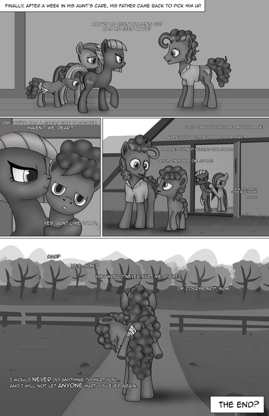 Size: 1989x3072 | Tagged: safe, artist:anonymousandrei, derpibooru import, cheese sandwich, li'l cheese, limestone pie, marble pie, earth pony, pony, comic:life of li'l cheese, g4, the last problem, aunt and nephew, colt, comic, derpibooru exclusive, father and child, father and son, female, foal, image, jpeg, male, mare, no catchlights, older, older cheese sandwich, older limestone pie, older marble pie, pie family home, riding, riding a pony, stallion, talking