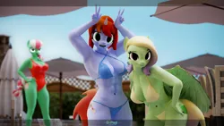 Size: 3840x2160 | Tagged: suggestive, artist:dangerousdpad, ponerpics import, oc, unofficial characters only, anthro, art pack:equestria bikini club 2, 3d, abs, bikini, breasts, cleavage, clothes, curvy, duo, duo female, female, image, one-piece swimsuit, png, source filmmaker, string bikini, swimsuit, trio