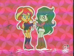 Size: 2560x1920 | Tagged: safe, alternate version, artist:theratedrshimmer, derpibooru import, screencap, sunset shimmer, wallflower blush, human, equestria girls, g4, '90s, alternate clothes, anime, cute, duo, duo female, fake screencap, female, flowerbetes, image, lesbian, png, retro, shimmerbetes, ship:wallset, shipping