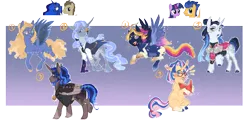 Size: 2526x1209 | Tagged: safe, artist:yozora122, derpibooru import, doctor whooves, flash sentry, princess luna, time turner, twilight sparkle, oc, oc:comet trail, oc:dr hooves, oc:evenfall sparkle, oc:selene, oc:silent neptune, oc:stella equinox hooves, oc:violet nova sentry, unofficial characters only, alicorn, earth pony, pony, unicorn, g4, adoptable, alicorn oc, alternate design, beard, blushing, book, clothes, doctorluna, ear piercing, earring, embarrassed, eyepatch, facial hair, female, flashlight, flying, glasses, horn, image, jacket, jewelry, male, mare, necklace, necktie, next generation, obtrusive watermark, offspring, parent:doctor whooves, parent:flash sentry, parent:princess luna, parent:twilight sparkle, parents:flashlight, parents:lunawhooves, piercing, png, reading, shipping, spread wings, starry eyes, straight, twitterina design, unshorn fetlocks, waistcoat, watermark, wingding eyes, wings