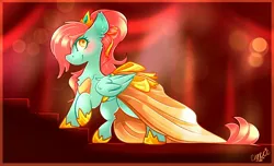 Size: 2752x1668 | Tagged: safe, artist:ezzerie, derpibooru import, oc, unofficial characters only, pegasus, pony, background, bow, clothes, crown, dress, female, image, jewelry, jpeg, ponytail, regalia, shoes, solo, tiara