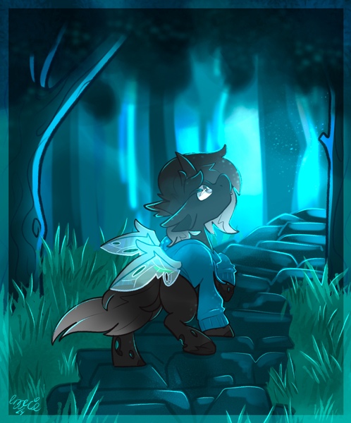 Size: 2322x2798 | Tagged: safe, artist:ezzerie, derpibooru import, oc, oc:split, unofficial characters only, changeling, pony, background, clothes, forest, grass, image, jpeg, nature, solo, sweater, trail, tree