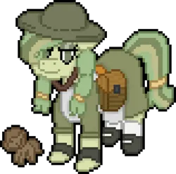 Size: 632x624 | Tagged: safe, artist:bloonacorn, derpibooru import, oc, oc:mae baskets, earth pony, apron, clothes, digital art, earth pony oc, figurine, helmet, image, pixel art, png, simple background, tranasparent background