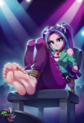 Size: 2496x3648 | Tagged: suggestive, ai content, derpibooru import, generator:civitai, machine learning generated, prompter:trux23, aria blaze, human, equestria girls, g4, ankle tied, barefoot, chair, concert, feet, fetish, foot fetish, foot focus, image, jpeg, looking at you, sitting, soles, solo, tied, tied up, toes