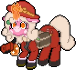 Size: 664x616 | Tagged: safe, artist:bloonacorn, derpibooru import, oc, oc:bloona blazes, unofficial characters only, unicorn, /mlp/ tf2 geenral, bag, bandolier, digital art, flare gun, hat, horn, image, magic, pixel art, png, saddle bag, simple background, solo, team fortress 2, telekinesis, transparent background