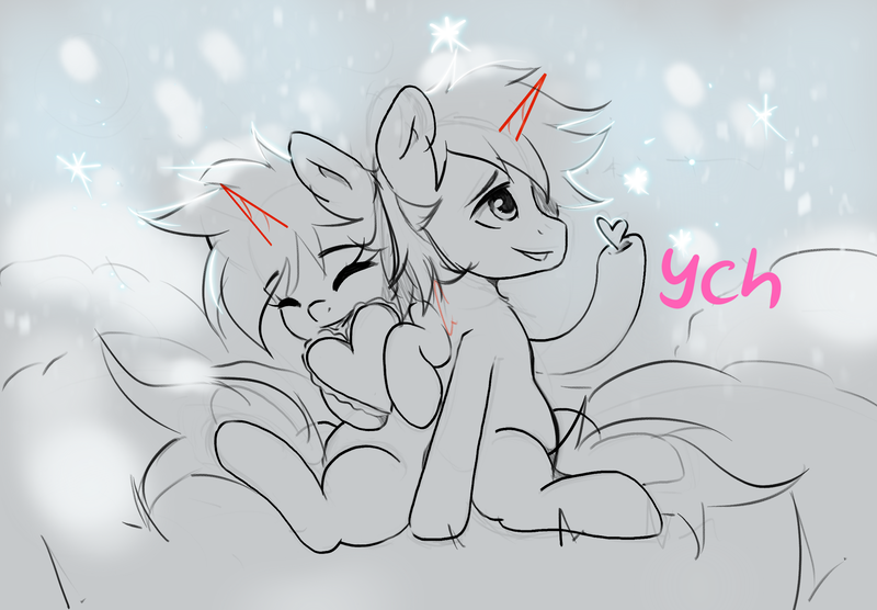 Size: 2360x1640 | Tagged: safe, derpibooru import, oc, alicorn, earth pony, pegasus, pony, unicorn, commission, community related, couple, cute, duo, heart, horn, image, png, snow, ych example, ych sketch, your character here