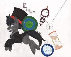 Size: 1947x1552 | Tagged: safe, artist:tazzy-girl, derpibooru import, oc, oc:locked heart, pony, clock, clothes, hat, hourglass, image, jpeg, male, solo, stallion, top hat, traditional art