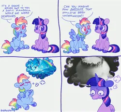 Size: 4096x3790 | Tagged: safe, artist:bishopony, derpibooru import, part of a set, rainbow dash, twilight sparkle, twilight sparkle (alicorn), alicorn, dolphin, pegasus, pony, g4, atomic bomb, blue coat, blue eyelashes, blue hooves, blue text, blue wingtips, bust, colored eyelashes, colored hooves, colored underhoof, colored wings, colored wingtips, comic, cute, dashabetes, dialogue, duo, duo female, explosion, eyebrows, eyebrows visible through hair, eyes closed, female, floppy ears, folded wings, frown, high res, hoof heart, hooves, hooves together, horn, hot air balloon, image, jpeg, lisa frank, looking at each other, looking at someone, looking away, looking down, looking up, mare, multicolored hair, multicolored mane, mushroom cloud, no pupils, nuclear explosion, nuclear weapon, ocean, open mouth, open smile, operation crossroads, pink eyes, pinpoint eyes, purple coat, purple eyes, purple hooves, purple wingtips, rainbow, rainbow hair, rainbow tail, raised eyebrow, raised hoof, red eyelashes, shiny hooves, shrunken pupils, signature, simple background, sitting, smiling, smiling at someone, speech bubble, spread wings, straight mane, straight tail, sweat, sweatdrop, tail, talking, thinking, thought bubble, three quarter view, three toned mane, three toned tail, two toned wings, underhoof, unicorn horn, unshorn fetlocks, water, weapon, white background, wings, worried