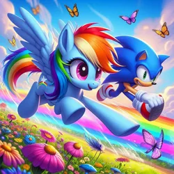 Size: 1024x1024 | Tagged: safe, ai content, derpibooru import, machine learning generated, prompter:bluey2309, rainbow dash, butterfly, hedgehog, insect, pegasus, g4, female, flower, image, male, nature, outdoors, png, rainbow, sonic the hedgehog, sonic the hedgehog (series)