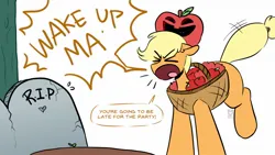 Size: 1600x900 | Tagged: safe, artist:redxbacon, derpibooru import, applejack, earth pony, pony, ><, apple, clothes, costume, dialogue, emanata, eyes closed, food, grave, gravestone, halloween, halloween costume, holiday, image, implied pear butter, jpeg, open mouth, ponytober, ponytober 2024, simple background, white background, yelling