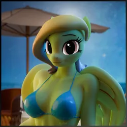 Size: 3000x3000 | Tagged: suggestive, artist:dangerousdpad, ponerpics import, oc, oc:green screen, unofficial characters only, anthro, art pack:equestria bikini club 2, 3d, bikini, bra, breasts, clothes, female, image, night, png, solo, string bikini, swimsuit, underwear