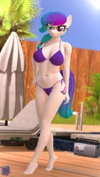 Size: 2160x3840 | Tagged: suggestive, artist:antonsfms, ponerpics import, oc, oc:aurora starling, unofficial characters only, anthro, art pack:equestria bikini club 2, 3d, bikini, breasts, clothes, feet, female, glasses, heterochromia, image, png, string bikini, swimsuit, toenails, toes