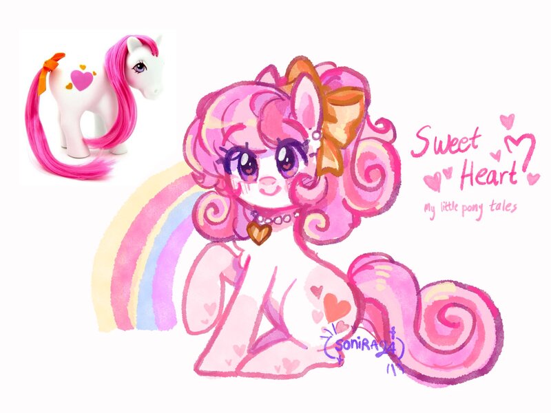 Size: 2048x1536 | Tagged: safe, artist:sonira24, derpibooru import, sweetheart, earth pony, pony, g1, my little pony tales, bow, ear piercing, earring, female, hair bow, heart, heart eyes, heart mark, image, jewelry, jpeg, looking at you, necklace, piercing, rainbow, raised hoof, signature, smiling, smiling at you, tail, toy, toy reference, wingding eyes