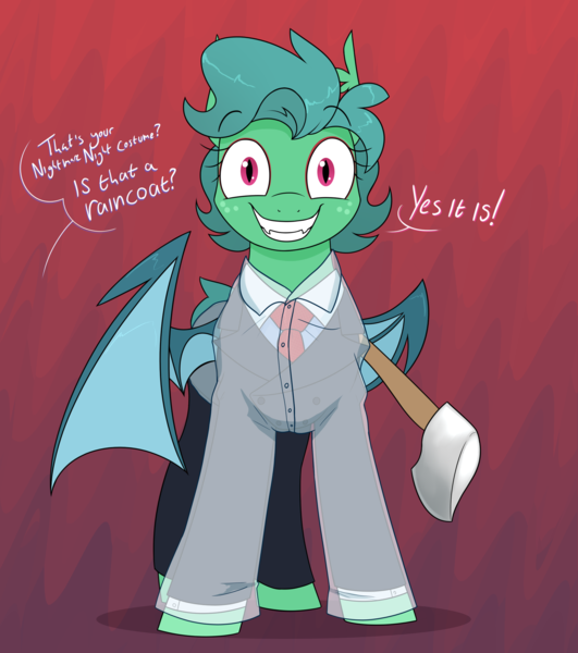 Size: 2042x2308 | Tagged: safe, artist:moonatik, derpibooru import, oc, oc:carte blanche, unofficial characters only, bat pony, pony, abstract background, american psycho, axe, bat pony oc, bat wings, clothes, costume, eyeshadow, femboy, freckles, grin, image, makeup, male, nightmare night costume, patrick bateman, png, raincoat, smiling, stallion, suit, weapon, wings