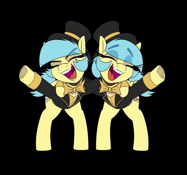 Size: 2048x1911 | Tagged: safe, artist:lockheart, derpibooru import, oc, oc:matinée, oc:soirée, unofficial characters only, earth pony, pegasus, pony, bowtie, clothes, duo, duo female, eye clipping through hair, eyebrows, eyebrows visible through hair, eyes closed, female, frog (hoof), hat, image, jpeg, long eyelashes, mare fair, open mouth, open smile, smiling, snowpity inc., top hat, tuxedo, underhoof