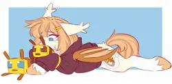 Size: 2768x1354 | Tagged: safe, artist:cheekipone, ponerpics import, oc, oc:honey milk, unofficial characters only, bat pony, pony, bat pony oc, bat wings, clothes, crying, ear tufts, female, floppy ears, hairclip, hoodie, image, jpeg, lying down, mare, minecraft bee, passepartout, plushie, solo, unshorn fetlocks, wings