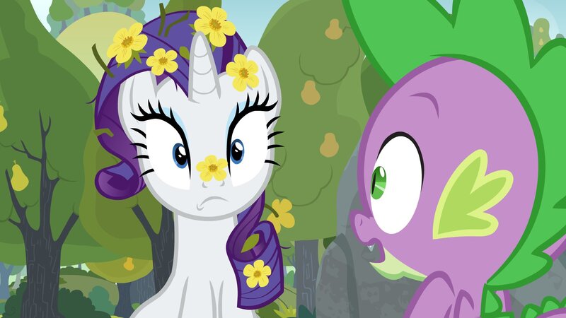 Size: 1920x1080 | Tagged: safe, artist:georgegarza01, artist:igeorgegarza, derpibooru import, rarity, spike, dragon, pony, unicorn, g4, the perfect pear, duo, female, flower, flower in hair, horn, image, jpeg, male, mare, pear tree, scene interpretation, shipping, show accurate, sparity, straight, tree