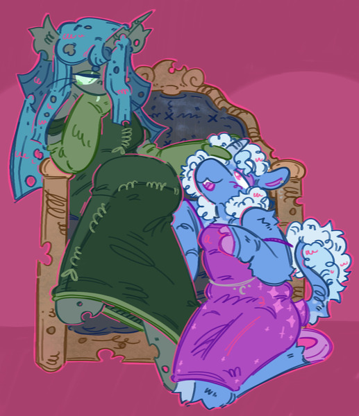 Size: 978x1136 | Tagged: safe, artist:lichenbug, derpibooru import, queen chrysalis, trixie, anthro, changeling, changeling queen, pony, unguligrade anthro, unicorn, g4, alternate design, alternate eye color, alternate hairstyle, alternate tailstyle, arm fluff, beanbrows, blue coat, blue mane, blue tail, blush scribble, blushing, changeling horn, chest fluff, clothes, coat markings, colored hooves, colored horn, colored pinnae, colored pupils, colored sclera, colored underhoof, crossed legs, curly mane, curly tail, dress, duo, duo female, ear piercing, earring, elbow fluff, evening gloves, eyebrows, eyebrows visible through hair, eyelashes, eyeshadow, facial markings, fangs, female, gloves, gown, gray body, green dress, green eyes, green eyeshadow, green pupils, green sclera, hand on head, hoof fingers, hooves, horn, image, jewelry, jpeg, knee fluff, kneeling, leonine tail, lesbian, long eyelashes, long gloves, long mane, looking at each other, looking at someone, looking down, makeup, mare, off shoulder, piercing, pink eyes, profile, purple blush, purple dress, purple eyeshadow, purple hooves, shipping, shoulder fluff, sitting, slit pupils, small horn, socks, straight mane, tail, tail fluff, tail markings, three quarter view, throne, trixalis, two toned mane, underhoof, unicorn horn, unshorn fetlocks, waist chain, wall of tags, white pupils