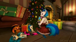 Size: 1920x1080 | Tagged: safe, artist:gr-vinyl-scratch, ponerpics import, vinyl scratch, oc, oc:mane, oc:nyxie, anthro, bat pony, original species, plush pony, pony, art pack:winter wonderland 2019, 3d, breasts, christmas, christmas tree, clothes, glasses, holiday, image, jpeg, looking back, plushie, socks, toe socks, tree