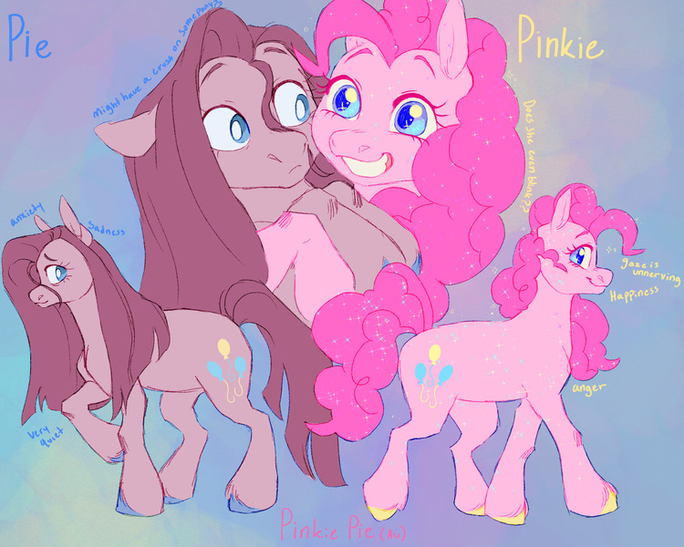 Size: 2000x1600 | Tagged: safe, artist:abbytabbys, derpibooru import, pinkie pie, earth pony, pony, fanfic:broken destiny, alternate universe, bags under eyes, blue eyes, blue hooves, blue pupils, blue text, broken destiny au, colored eyebrows, colored eyelashes, colored hooves, colored pupils, curly mane, curly tail, duality, duo, duo female, eyelashes, female, frown, glow, glowing body, glowing mane, glowing tail, gradient background, grin, hooves, hug, image, implied lesbian, implied pinkiedash, implied rainbow dash, implied shipping, jpeg, looking at someone, looking at you, looking back, mare, pink coat, pink eyelashes, pink mane, pink tail, pinkamena diane pie, profile, raised hoof, raised hooves, reference sheet, self paradox, smiling, smiling at you, sparkles, sparkly body, sparkly coat, sparkly eyes, sparkly mane, sparkly tail, standing on three hooves, straight mane, straight tail, tail, three quarter view, transformed, unshorn fetlocks, white pupils, wingding eyes, yellow hooves, yellow text