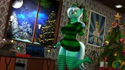 Size: 1920x1080 | Tagged: suggestive, artist:dj_thunder, ponerpics import, lyra heartstrings, anthro, art pack:winter wonderland 2019, 3d, breasts, christmas, christmas tree, clothes, evening gloves, gloves, holiday, image, jpeg, long gloves, night, socks, solo, stocking feet, stockings, sweater, thigh highs, tree