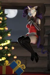 Size: 1057x1571 | Tagged: suggestive, artist:balanced-insanity, ponerpics import, rarity, anthro, art pack:winter wonderland 2019, 3d, bikini, bikini bottom, breasts, christmas, christmas sweater, christmas tree, clothes, gloves, high heels, holiday, image, latex, latex gloves, latex socks, one eye closed, png, shoes, sitting, socks, solo, source filmmaker, sweater, swimsuit, tree