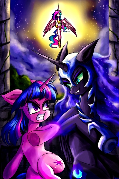 Size: 1932x2910 | Tagged: safe, artist:rafastary, derpibooru import, nightmare moon, princess celestia, twilight sparkle, alicorn, semi-anthro, unicorn, g4, anatomically incorrect, belly, concave belly, horn, human shoulders, image, incorrect leg anatomy, jpeg, mlp fim's fourteenth anniversary, slender, thin, underhoof, unicorn twilight