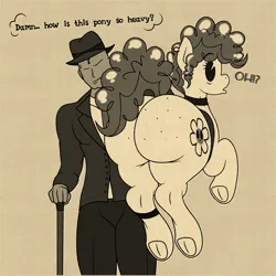 Size: 2684x2680 | Tagged: safe, artist:isaac_pony, derpibooru import, oc, oc:anon, oc:flower tie, human, pony, black and white cartoon, butt, butt freckles, clothes, cutie mark, dialogue, female, flower, freckles, frog (hoof), hat, holding a pony, hooves, image, large butt, looking back, male, mare, pac-man eyes, plot, png, raised hoof, rubber hose animation, suit, tail, text, underhoof