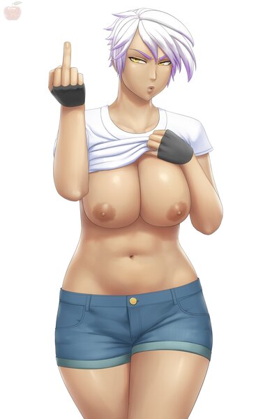 Size: 3200x4800 | Tagged: questionable, artist:lvl, gilda, human, :o, belly button, big breasts, braless, breasts, busty gilda, clothes, commission, female, fingerless gloves, glare, gloves, humanized, image, jpeg, looking at you, middle finger, nipples, nudity, open mouth, shirt, shirt lift, shorts, simple background, solo, solo female, stupid sexy gilda, tsundere, vulgar, white background