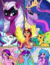 Size: 3430x4463 | Tagged: safe, artist:thelma-v, derpibooru import, hitch trailblazer, izzy moonbow, pipp petals, princess twilight 2.0, sparky sparkeroni, sunny starscout, twilight sparkle, twilight sparkle (alicorn), zipp storm, alicorn, earth pony, pegasus, pony, unicorn, g4, g5, my little pony: a new generation, the last problem, abstract background, applejack (g5), artificial horn, artificial wings, augmented, colored wings, concave belly, crown, diverse body types, ethereal mane, eyelashes, eyeshadow, female, fluttershy (g5), furrowed brow, g4 to g5, generation leap, high res, hoof heart, horn, image, jewelry, jpeg, lidded eyes, magic, magic horn, magic wings, makeup, male, mane five, mane seven (g5), mane six (g5), mane stripe sunny, mare, misty brightdawn, multicolored wings, music notes, obtrusive watermark, older, older twilight, older twilight sparkle (alicorn), opaline arcana, peytral, pinkie pie (g5), race swap, rainbow dash (g5), raised hoof, rarity (g5), rebirth misty, regalia, slender, spread wings, stallion, standing, starry mane, sunny and her heroine, sunnycorn, tall, thin, twilight sparkle (g5), underhoof, unshorn fetlocks, upside-down hoof heart, watermark, wings