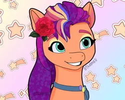 Size: 5911x4751 | Tagged: safe, artist:thelma-v, derpibooru import, sunny starscout, earth pony, pony, g5, absurd resolution, colored, ethereal mane, eyebrows, eyeshadow, female, flower, flower in hair, gradient background, grin, image, jpeg, lightly watermarked, looking sideways, looking up, makeup, mane stripe sunny, mare, pins, rose, rose in hair, signature, smiling, solo, starry mane, stars, sunny's bag, watermark